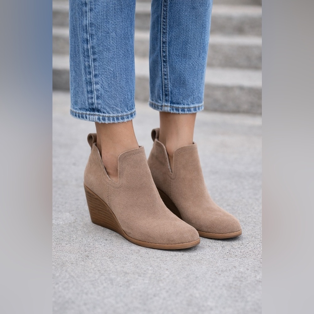 Toms Taupe Suede Wedge Ankle Booties